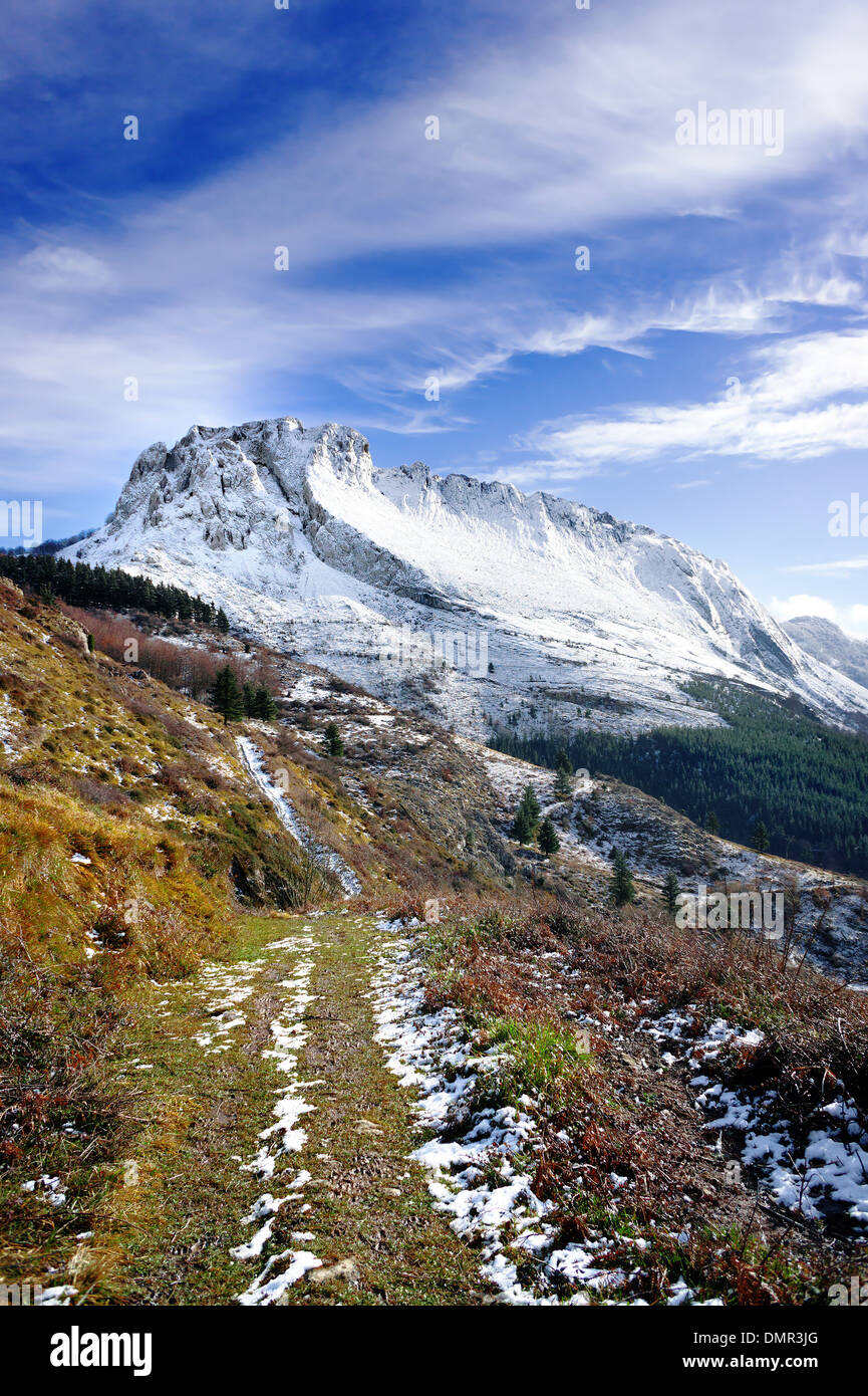 Paysage d'hiver avec un sentier vers la montagne enneigée Banque D'Images