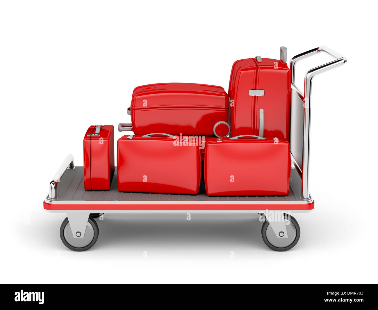 Chariot à bagages de l'aéroport avec valises rouge sur fond blanc Photo  Stock - Alamy