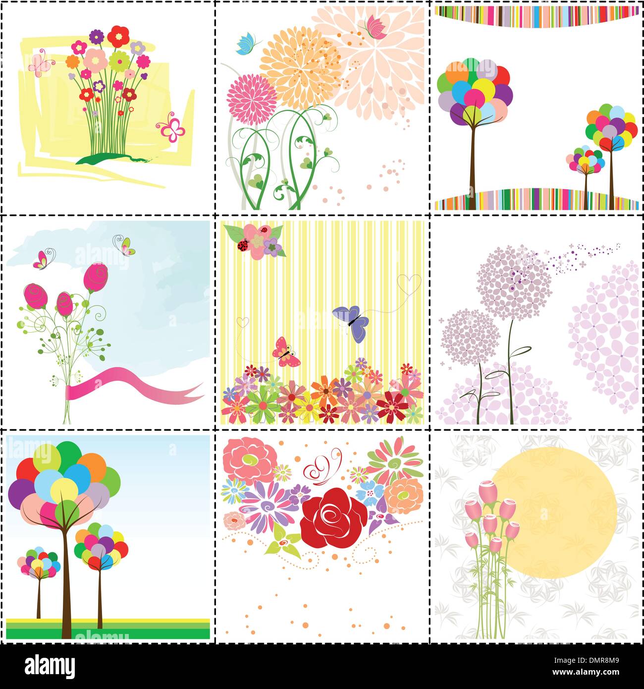 Jeu de carte de vœux de fleurs colorées Illustration de Vecteur