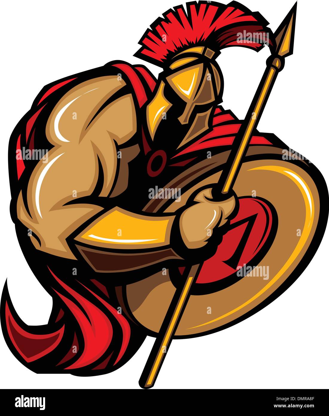 Trojan Spartan Mascot Vector Cartoon avec une lance et un bouclier Illustration de Vecteur