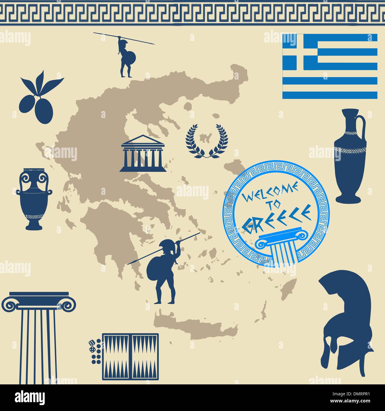 Symboles grecs sur la Grèce carte Illustration de Vecteur