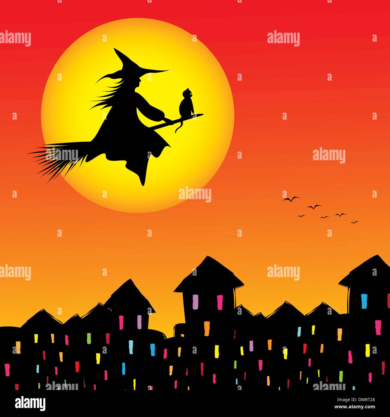 Silhouette d'un arrière-plan Halloween sorcière volant dans un balai Illustration de Vecteur