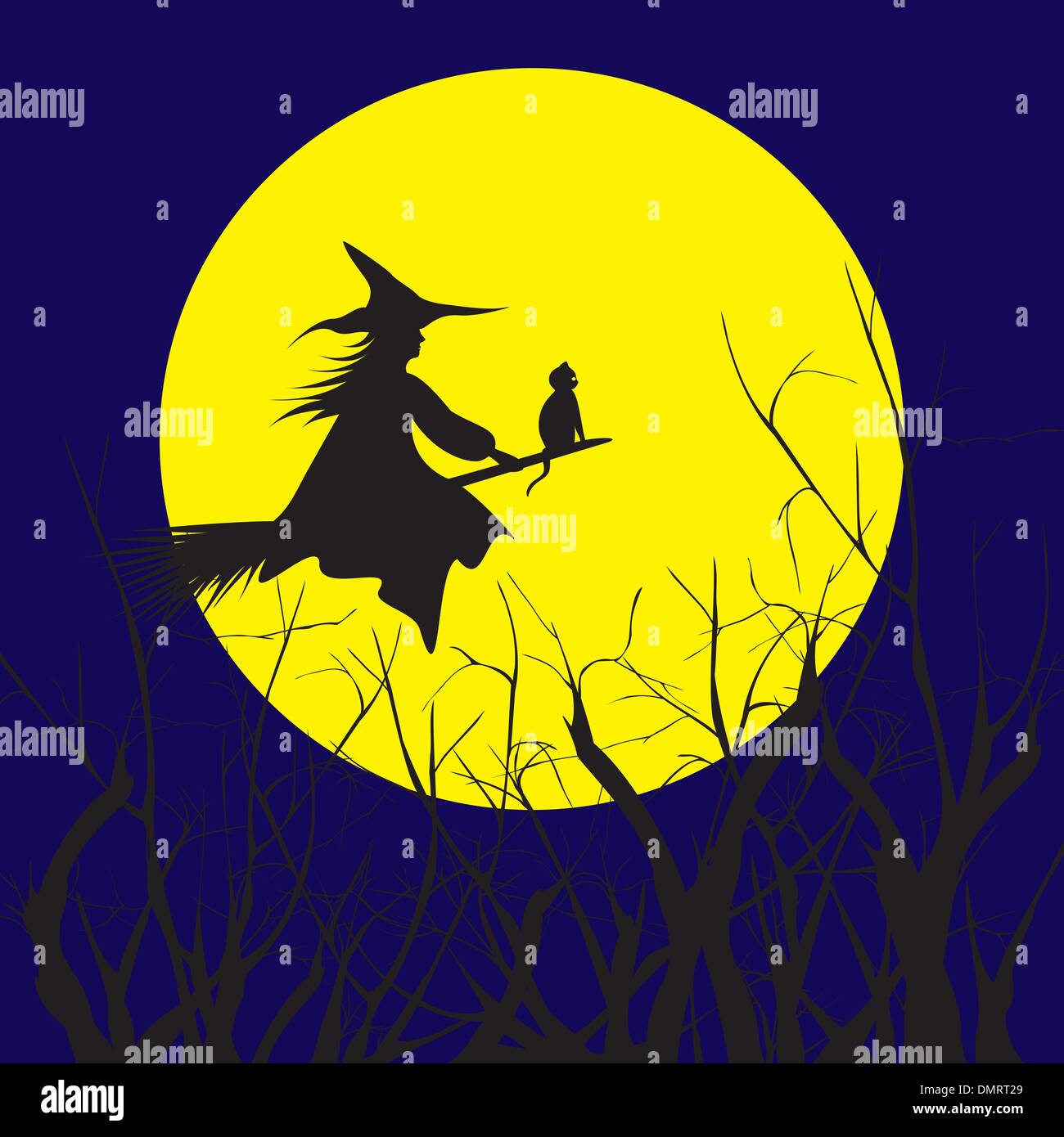 Silhouette d'un arrière-plan Halloween sorcière volant dans un balai wit Illustration de Vecteur