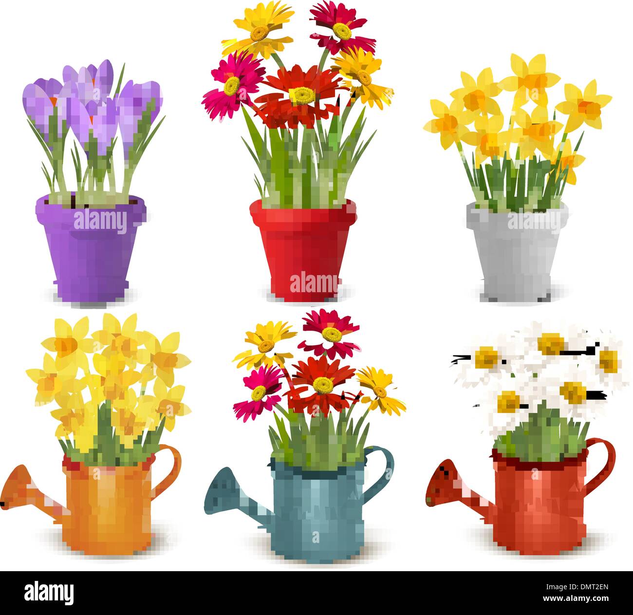 Collection de printemps et d'été dans des pots de fleurs colorées et wat Illustration de Vecteur