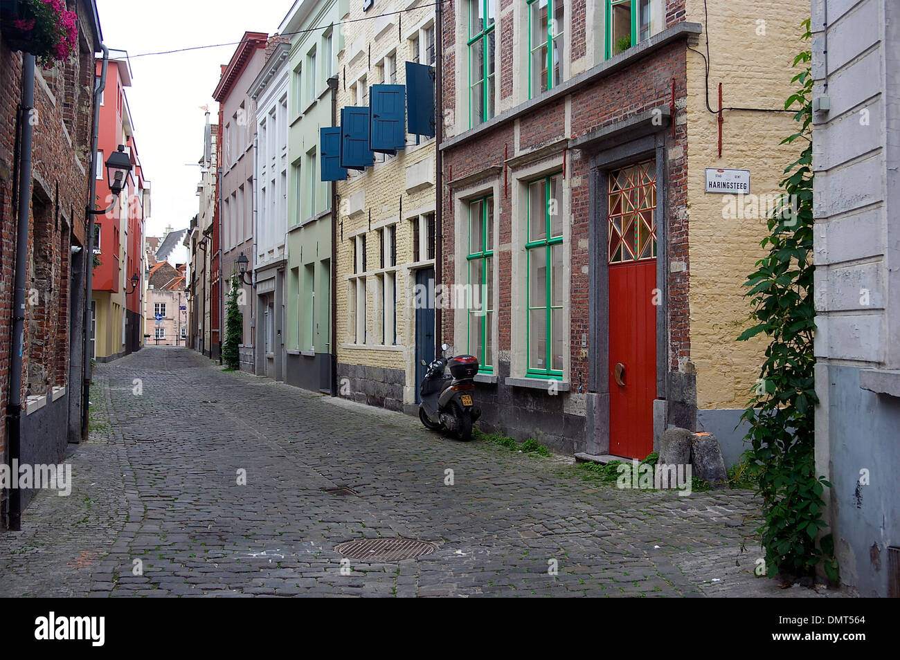 Maisons colorées sur une étroite rue pavée à Gand, Belgique Banque D'Images