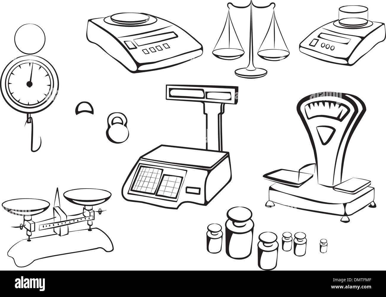 Ensemble de la balance et le poids des instruments de mesure, d'outils Illustration de Vecteur