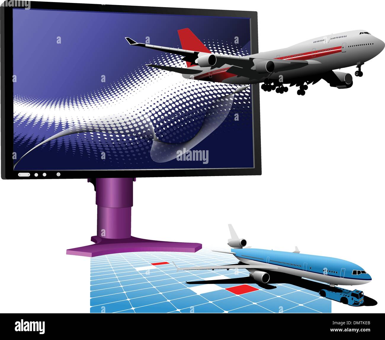 Blue dotted background with Flat computer monitor with passenger Illustration de Vecteur