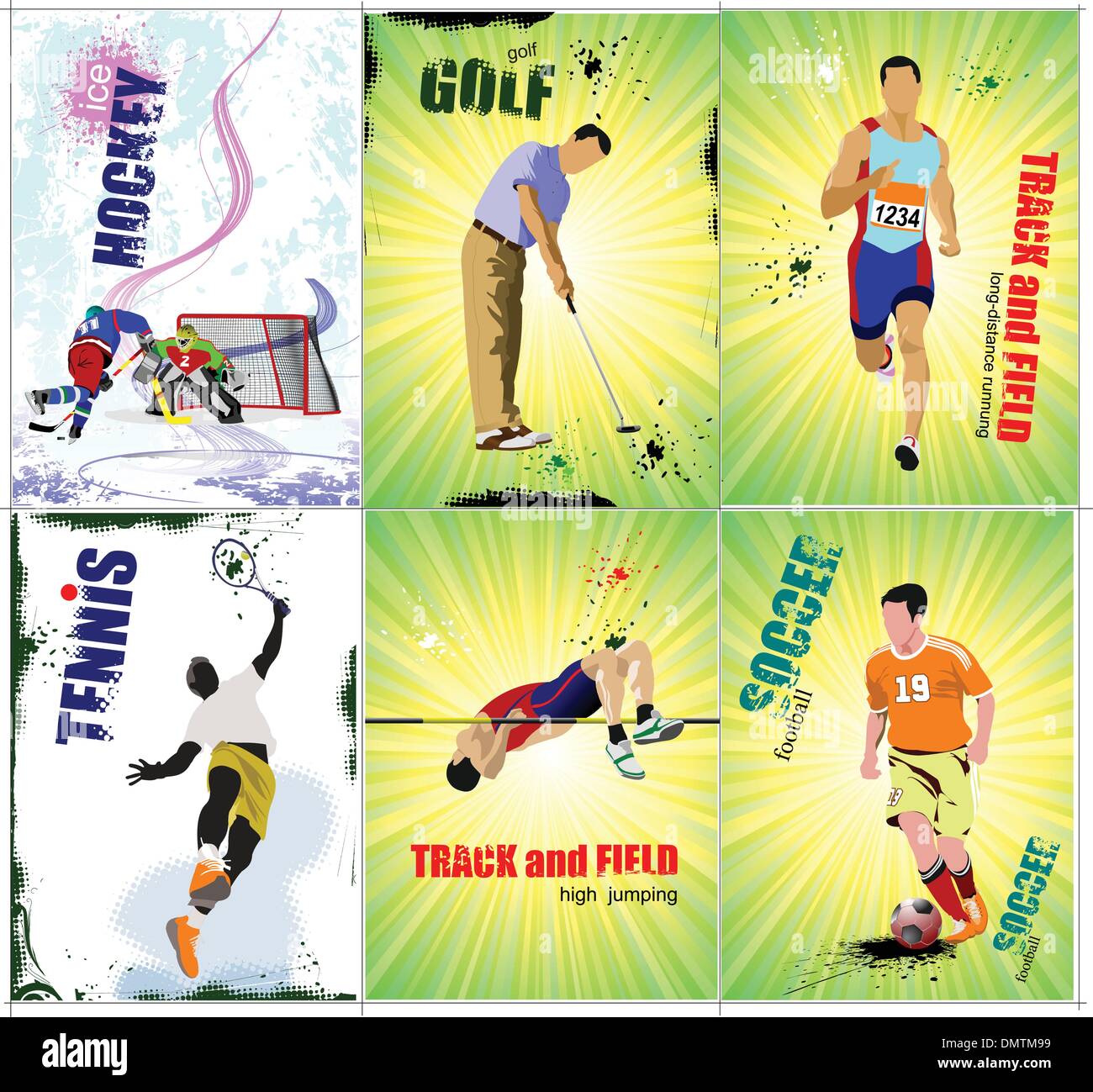 Sport six affiches. L'athlétisme, le hockey sur glace, le tennis, le football, Illustration de Vecteur