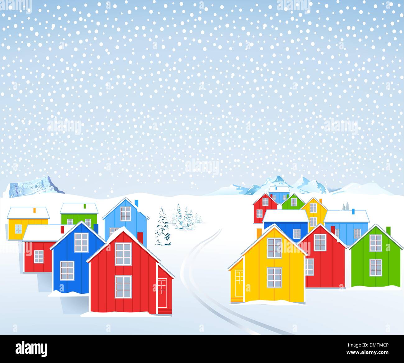 Maisons en bois coloré en hiver Illustration de Vecteur