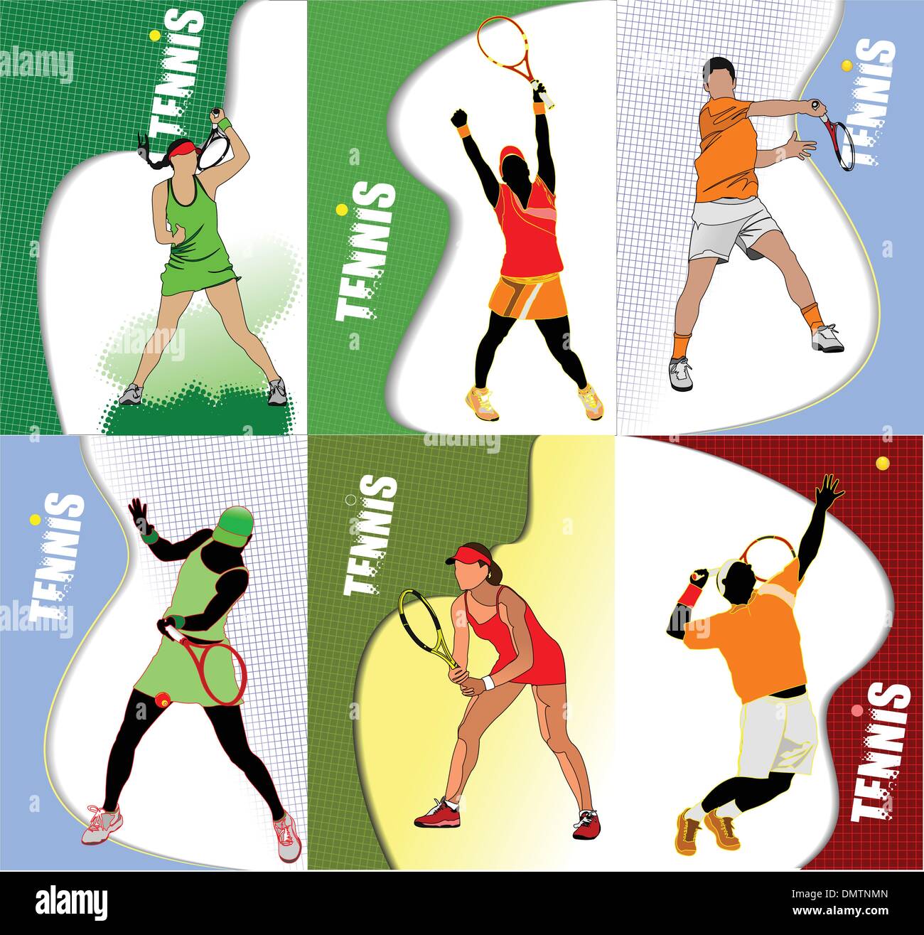 Six Affiches de joueur de tennis. Illustration Vecteur de couleur pour le d Illustration de Vecteur