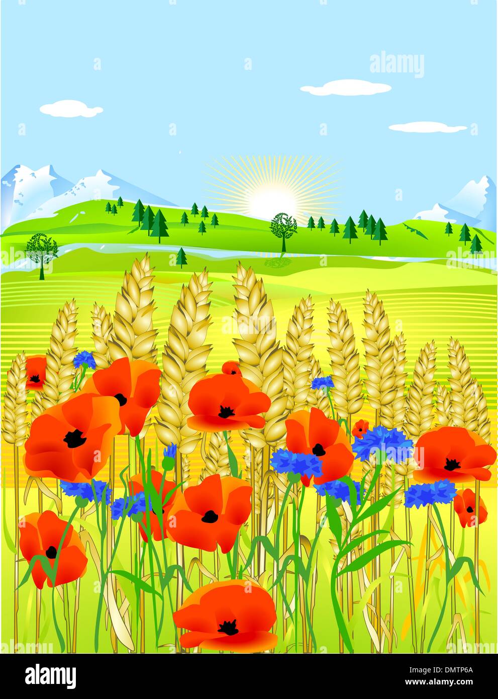 Grainfield avec des fleurs Illustration de Vecteur