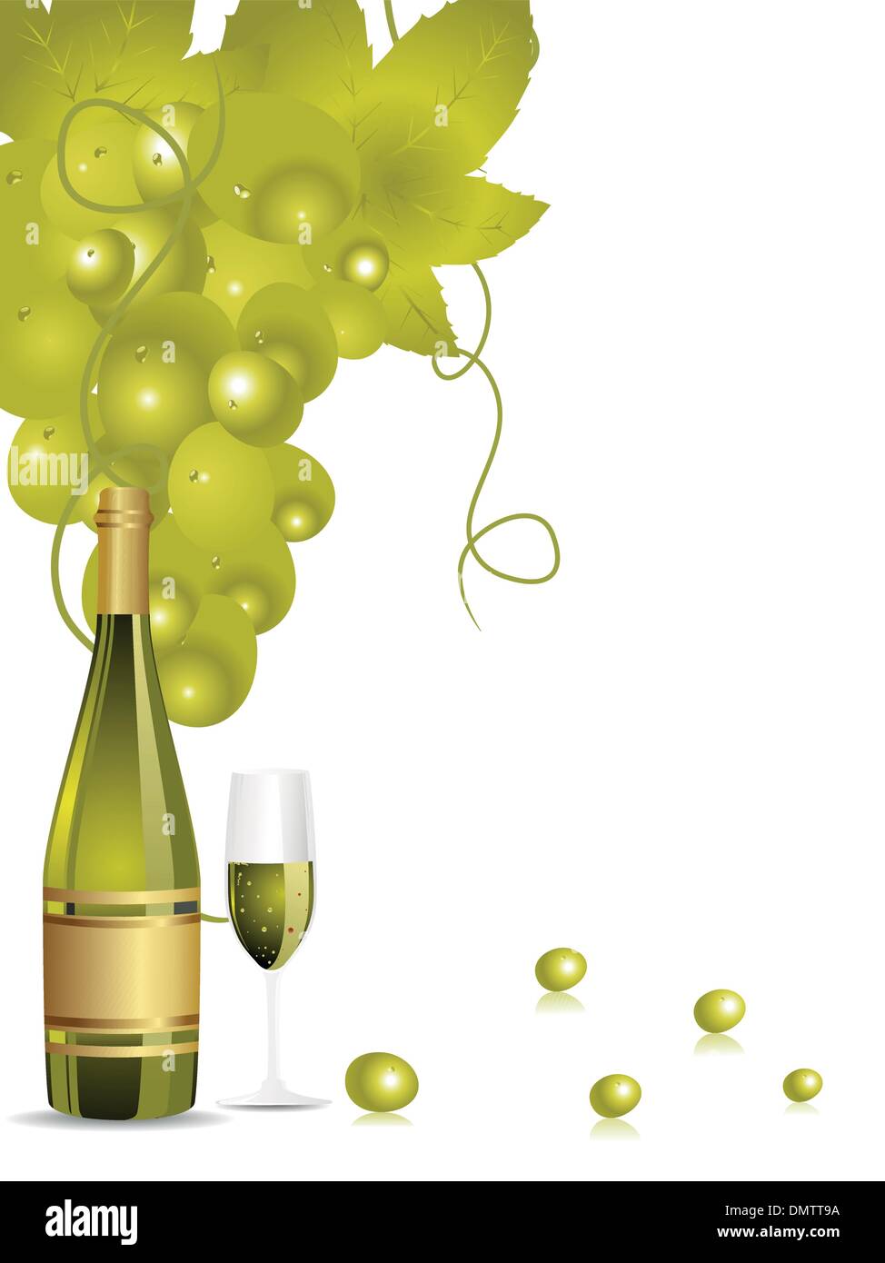 Bouteille en verre illustration champange,raisins,vignes Illustration de Vecteur