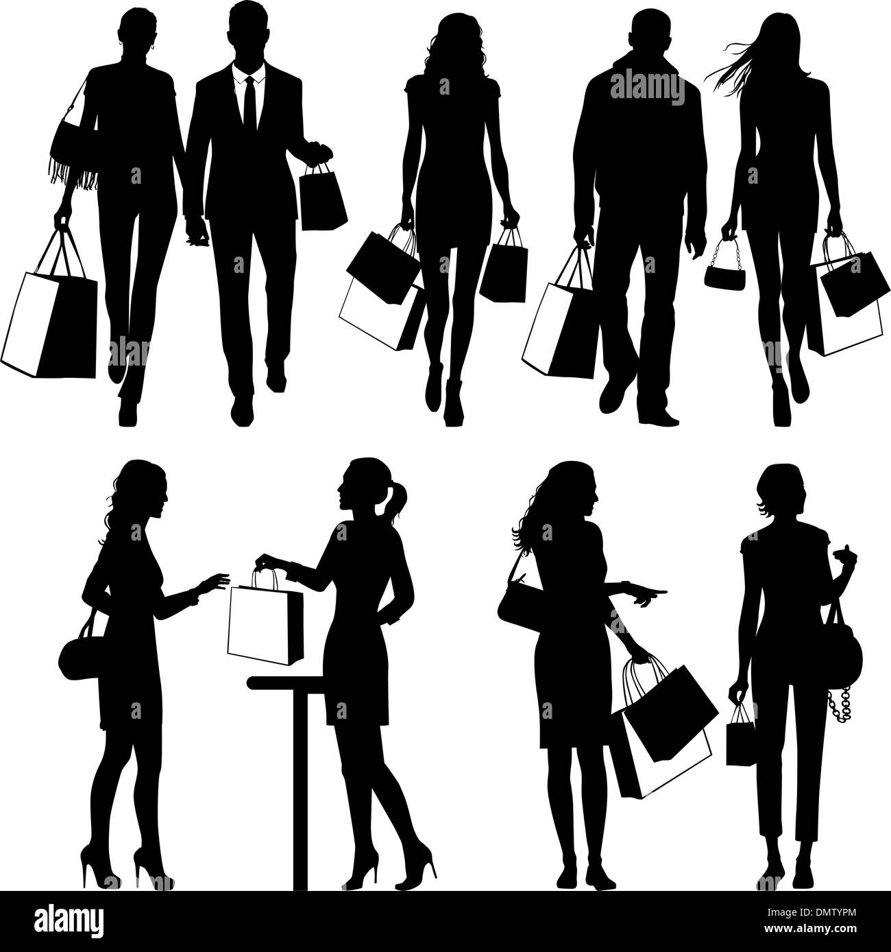 Plusieurs personnes, shopping - vector silhouettes Illustration de Vecteur