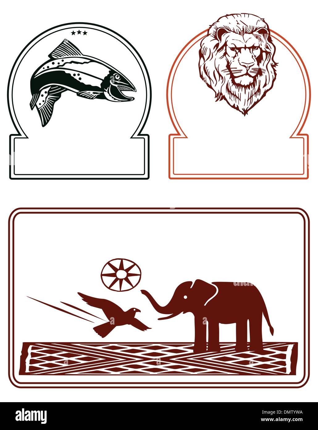L'éléphant, le lion, le poisson, l'étiquette Illustration de Vecteur