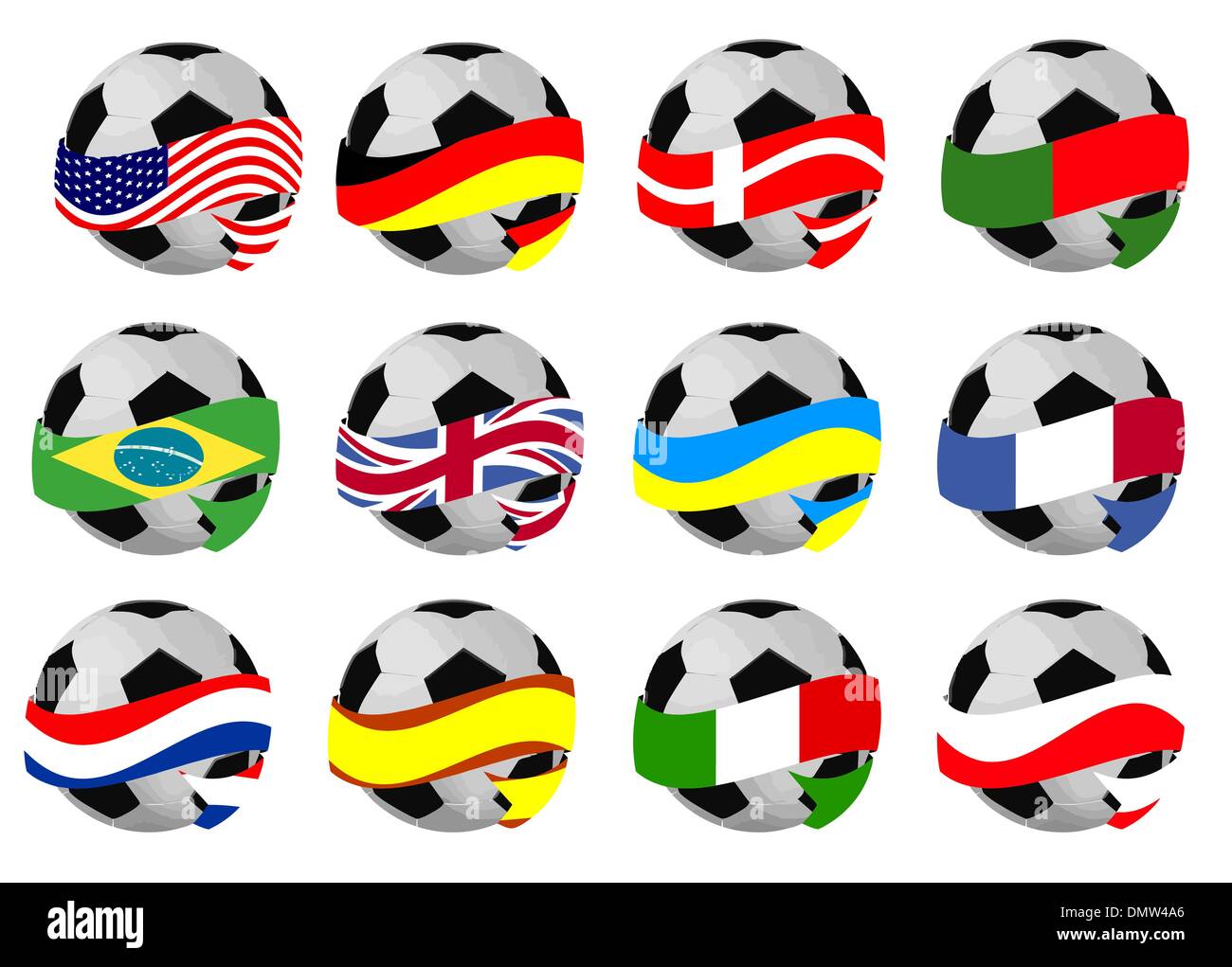 Ensemble de ballons de soccer avec des drapeaux Illustration de Vecteur