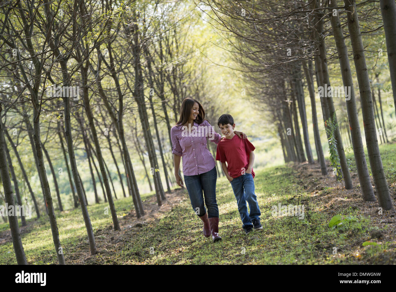 Une femme et un enfant marchant dans une allée d'arbres. Banque D'Images