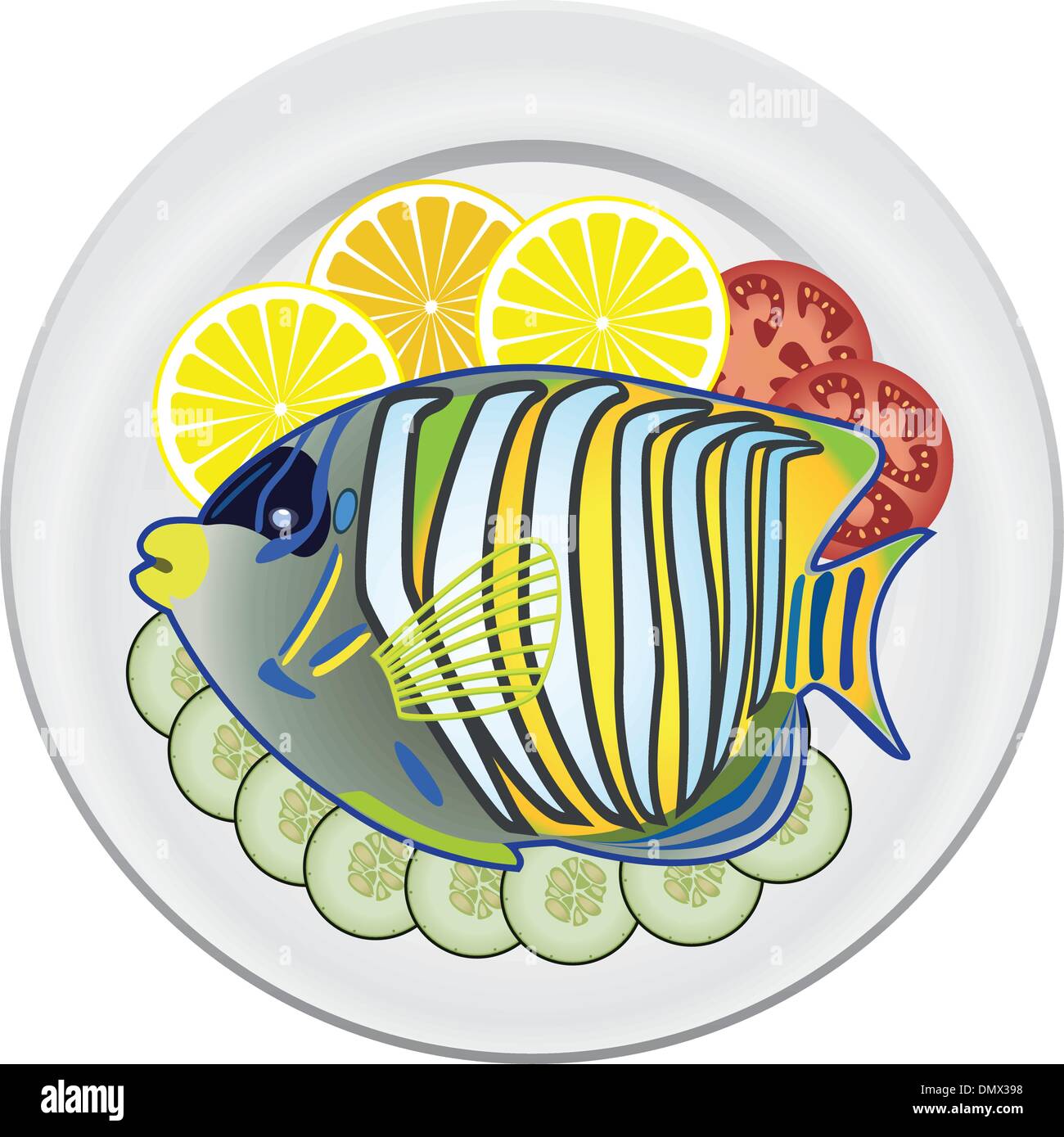Vector le poisson cuit et les légumes sur une plaque Illustration de Vecteur