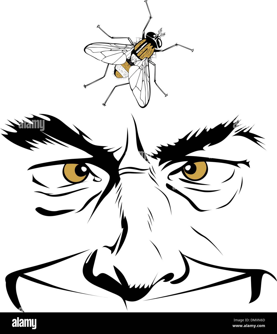 L'homme dessin animé le visage avec la mouche insectes Illustration de Vecteur