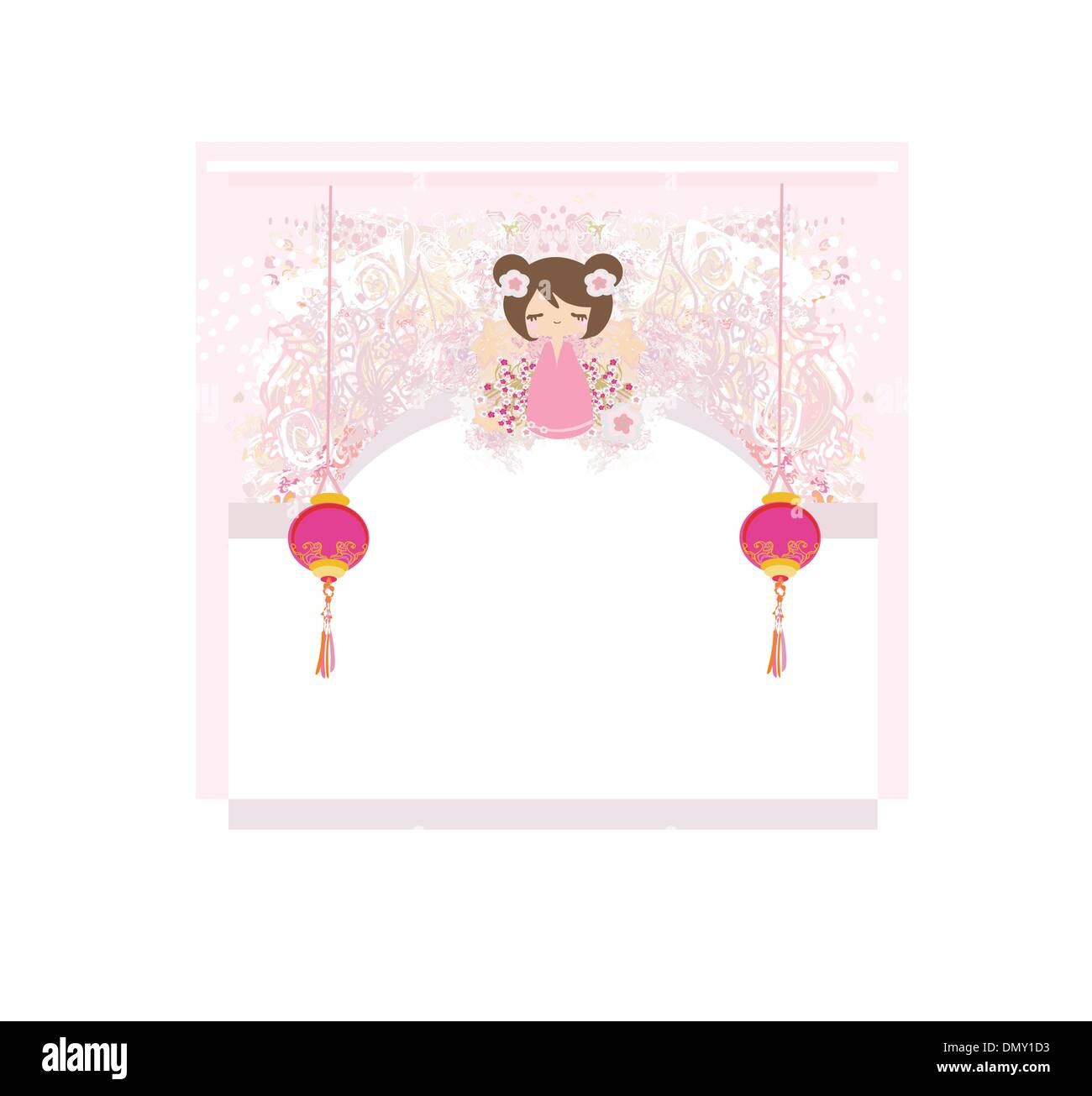 Poupée Kokeshi sur le fond rose avec ornement floral Illustration de Vecteur