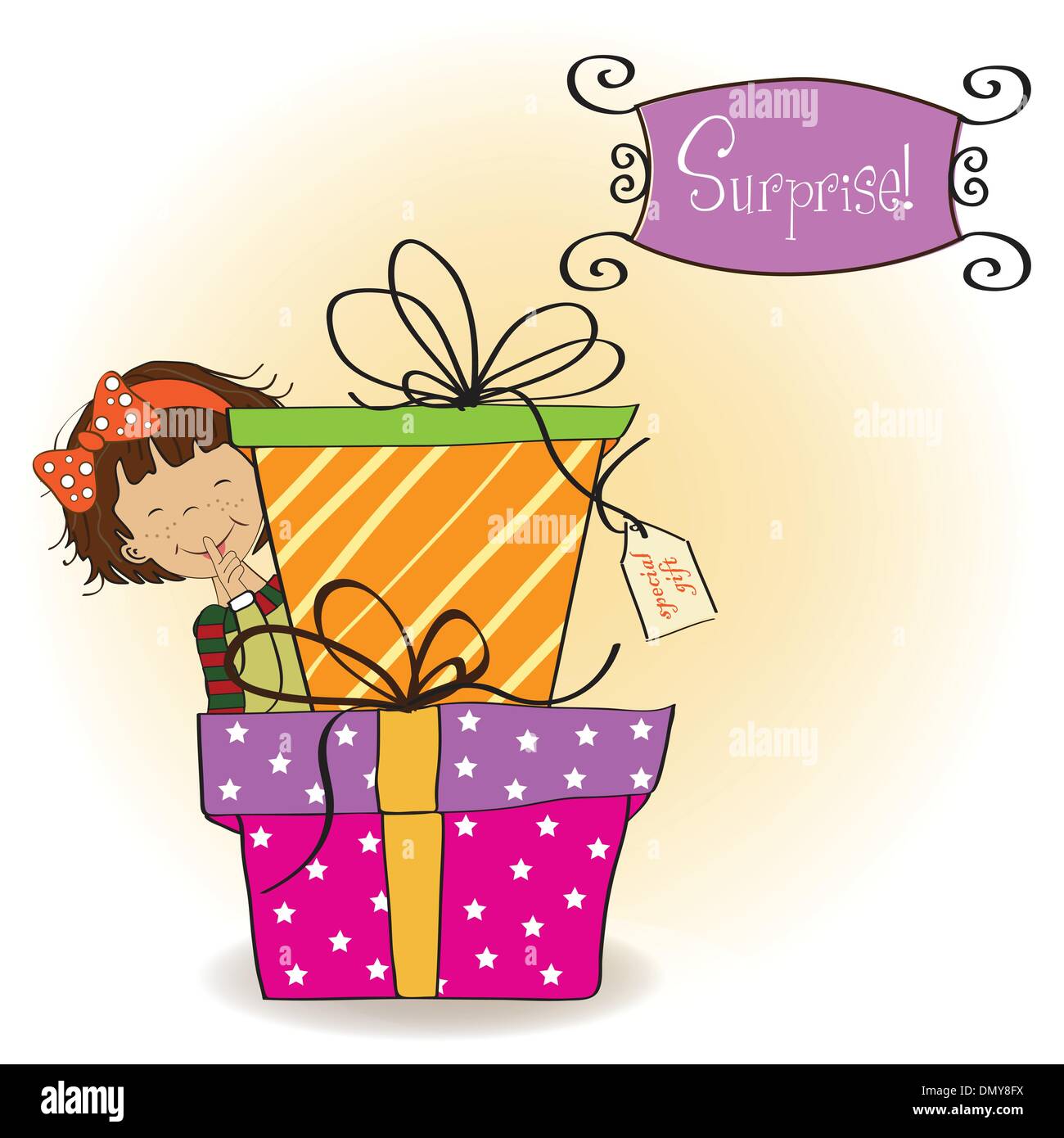 Cute little girl cachée derrière des boîtes de cadeaux. joyeux anniversaire carte de souhaits Illustration de Vecteur