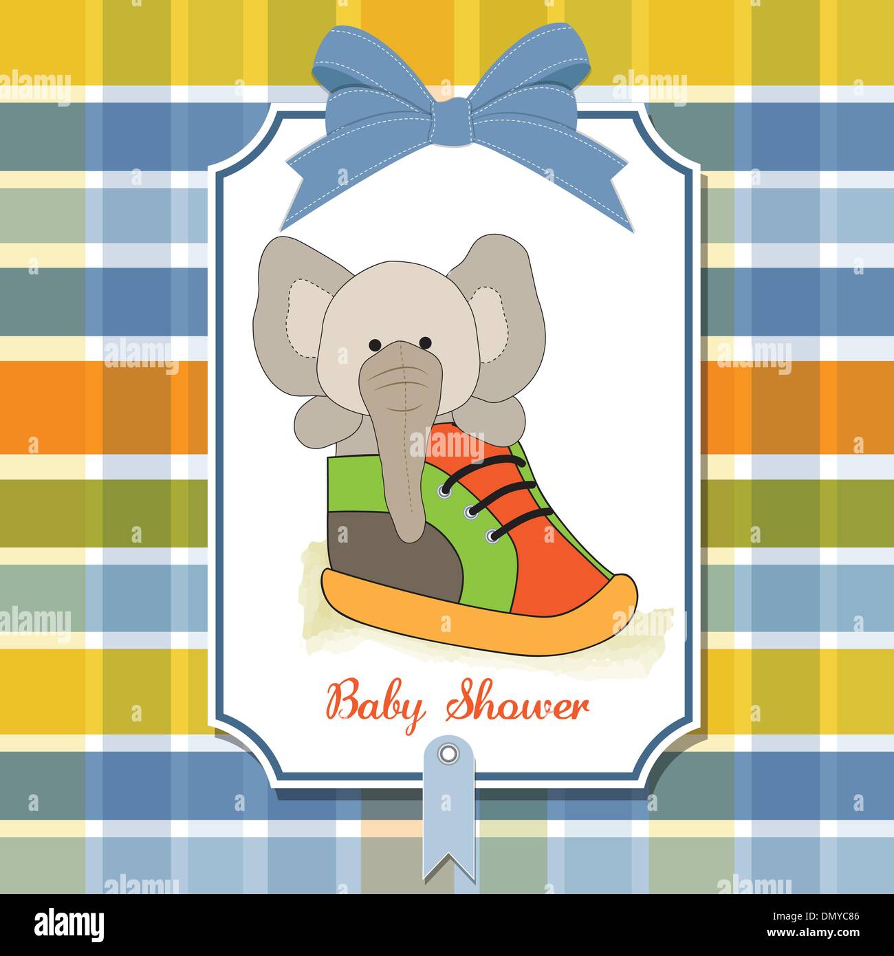 Joyeux anniversaire carte avec un éléphant caché dans une chaussure Illustration de Vecteur