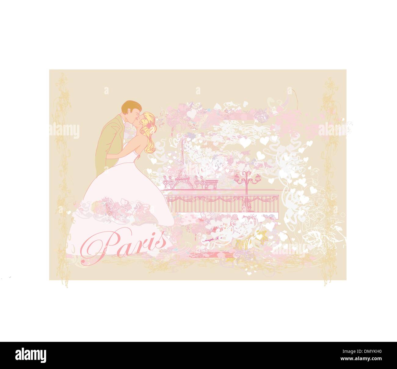 Couple de mariage romantique à Paris s'embrasser près de la Tour Eiffel. Carte rétro. Illustration de Vecteur Couple de mariage romantique à Paris s'embrasser près de la Tour Eiffel. Carte rétro. Illustration de Vecteur