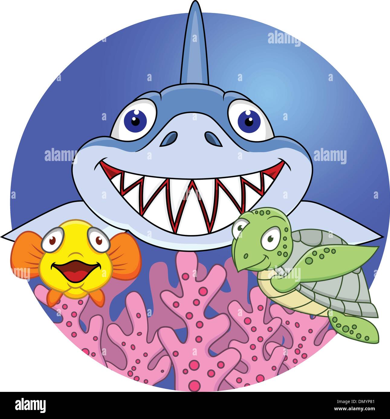 Friendly shark avec de petits poissons et tortues Illustration de Vecteur