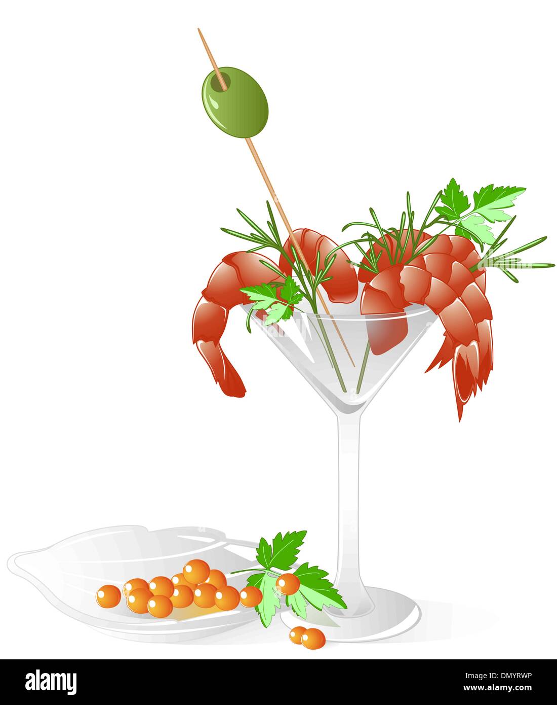 Crevettes et caviar rouge dans un cristal de la table Illustration de Vecteur