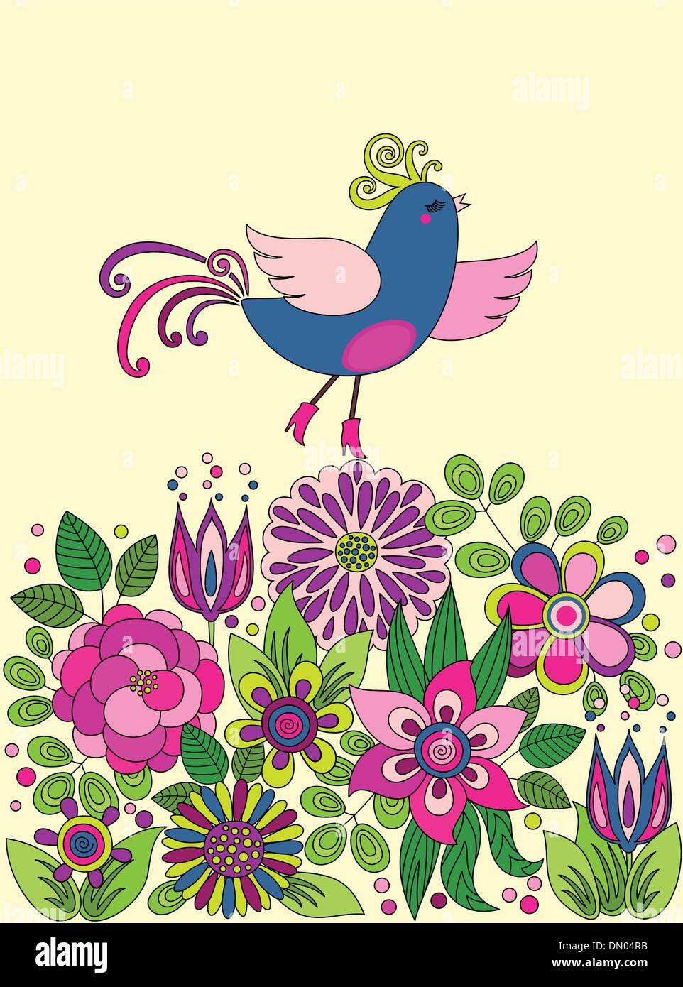Drôle colorés décoratifs sur les fleurs d'oiseaux Illustration de Vecteur