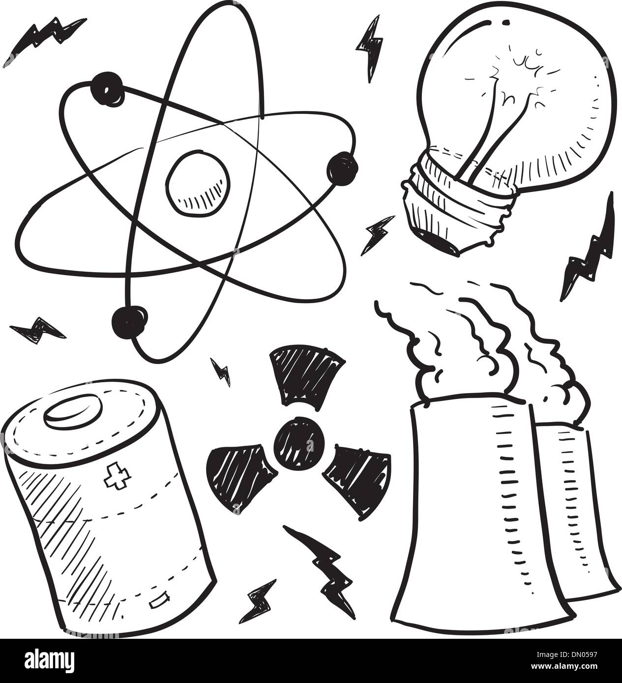Croquis d'objets d'énergie nucléaire Illustration de Vecteur