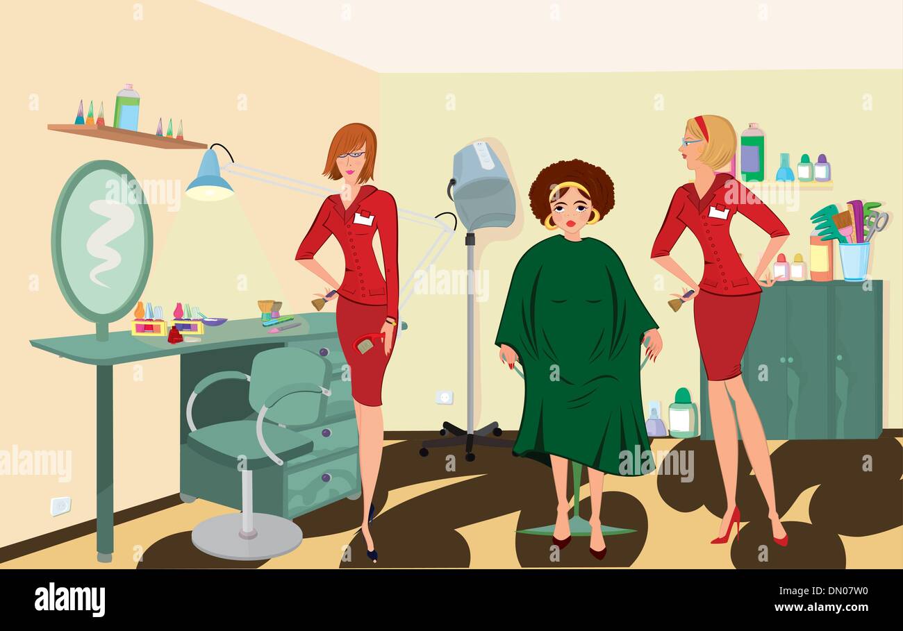 Instituts de beauté coiffure client deux travailleurs en uniforme rouge Illustration de Vecteur