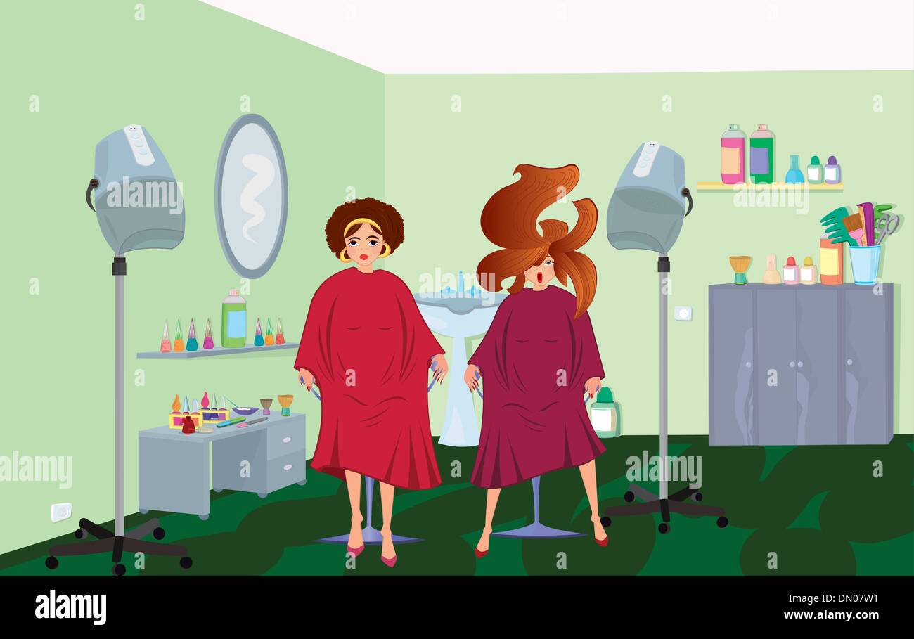 Salon de clients dans des robes en attente d'une coiffure Illustration de Vecteur