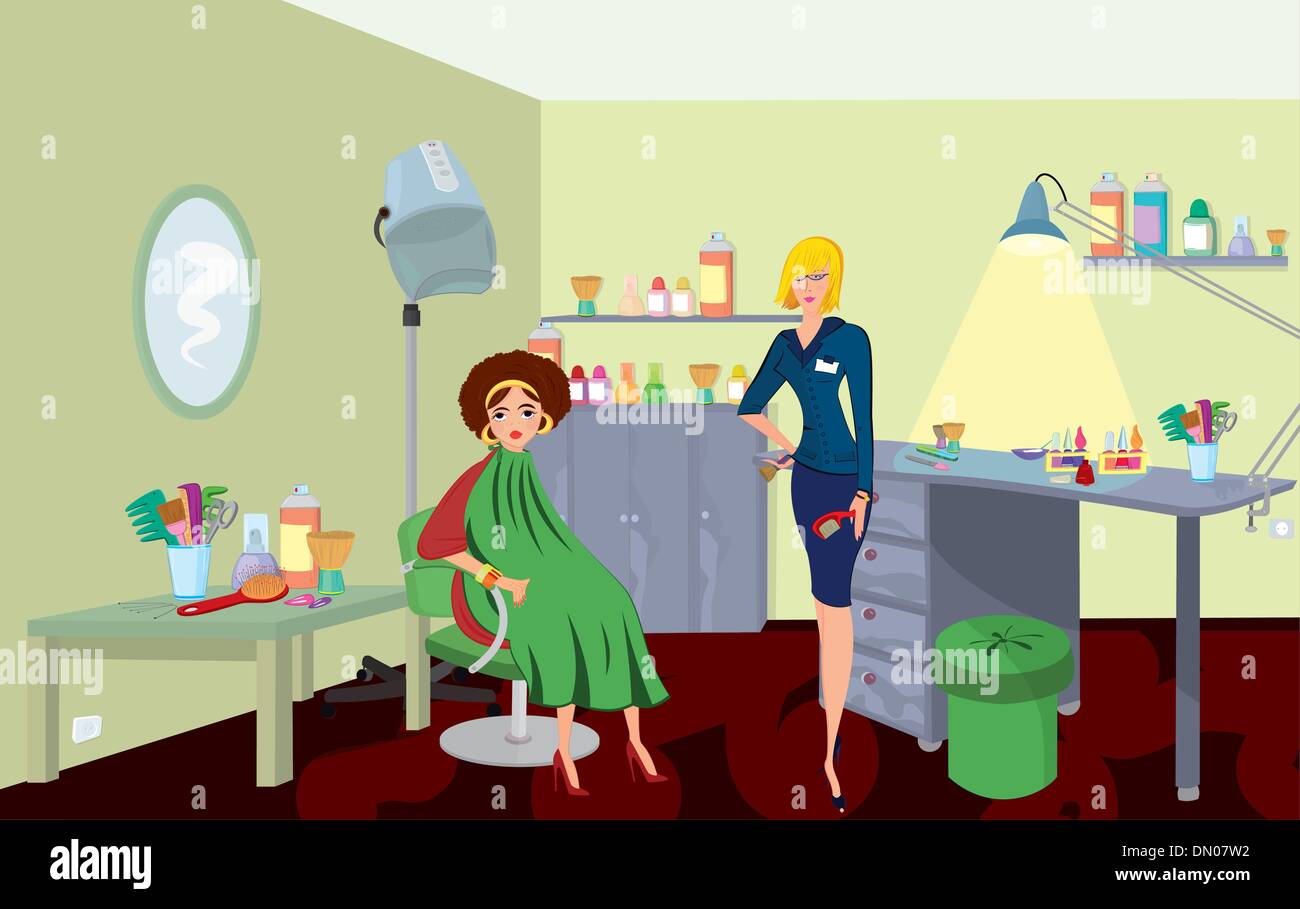 Salon de beauté professionnel avec peigne et un client en robe verte Illustration de Vecteur