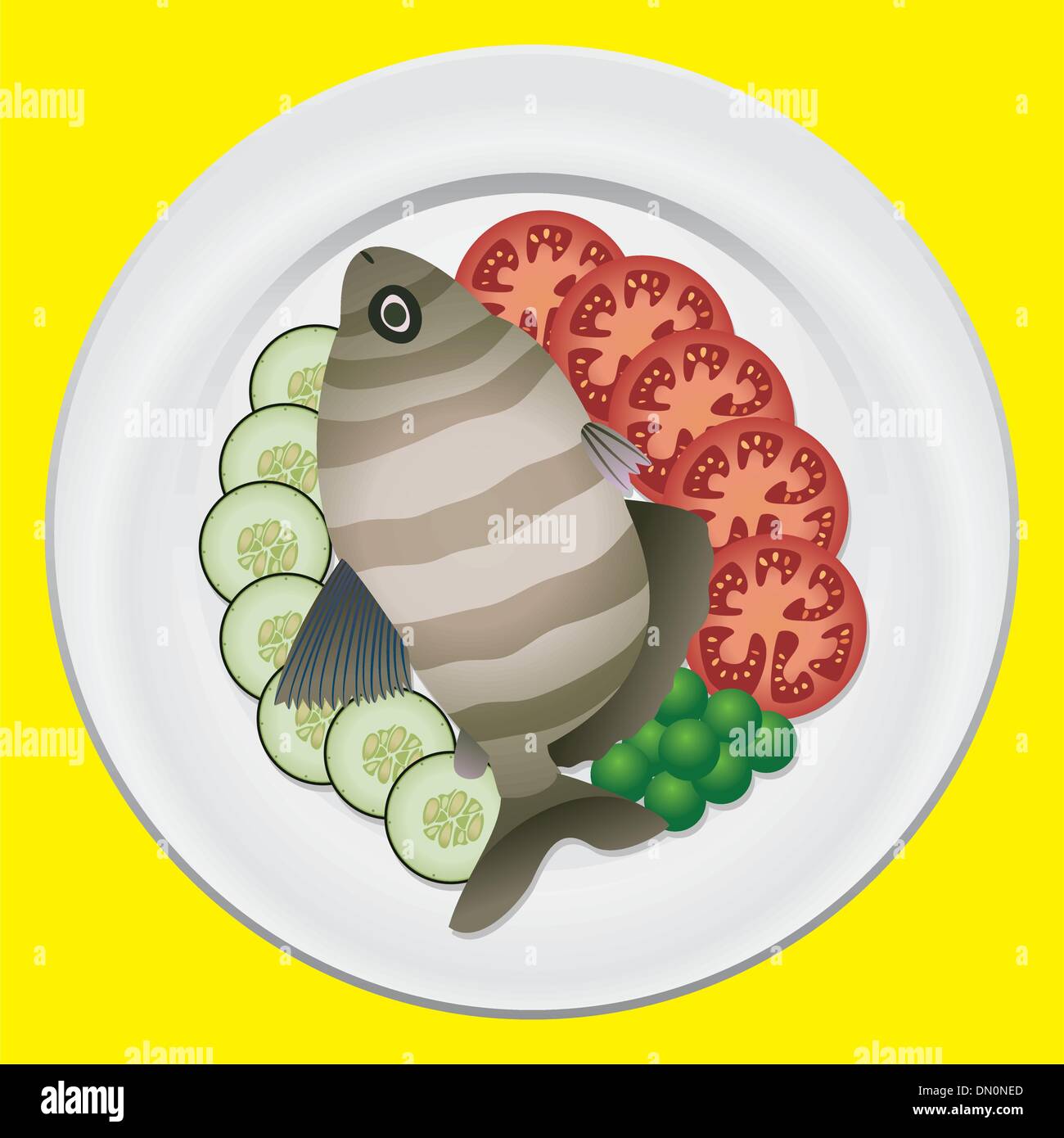 Vector le poisson et les légumes sur une plaque Illustration de Vecteur