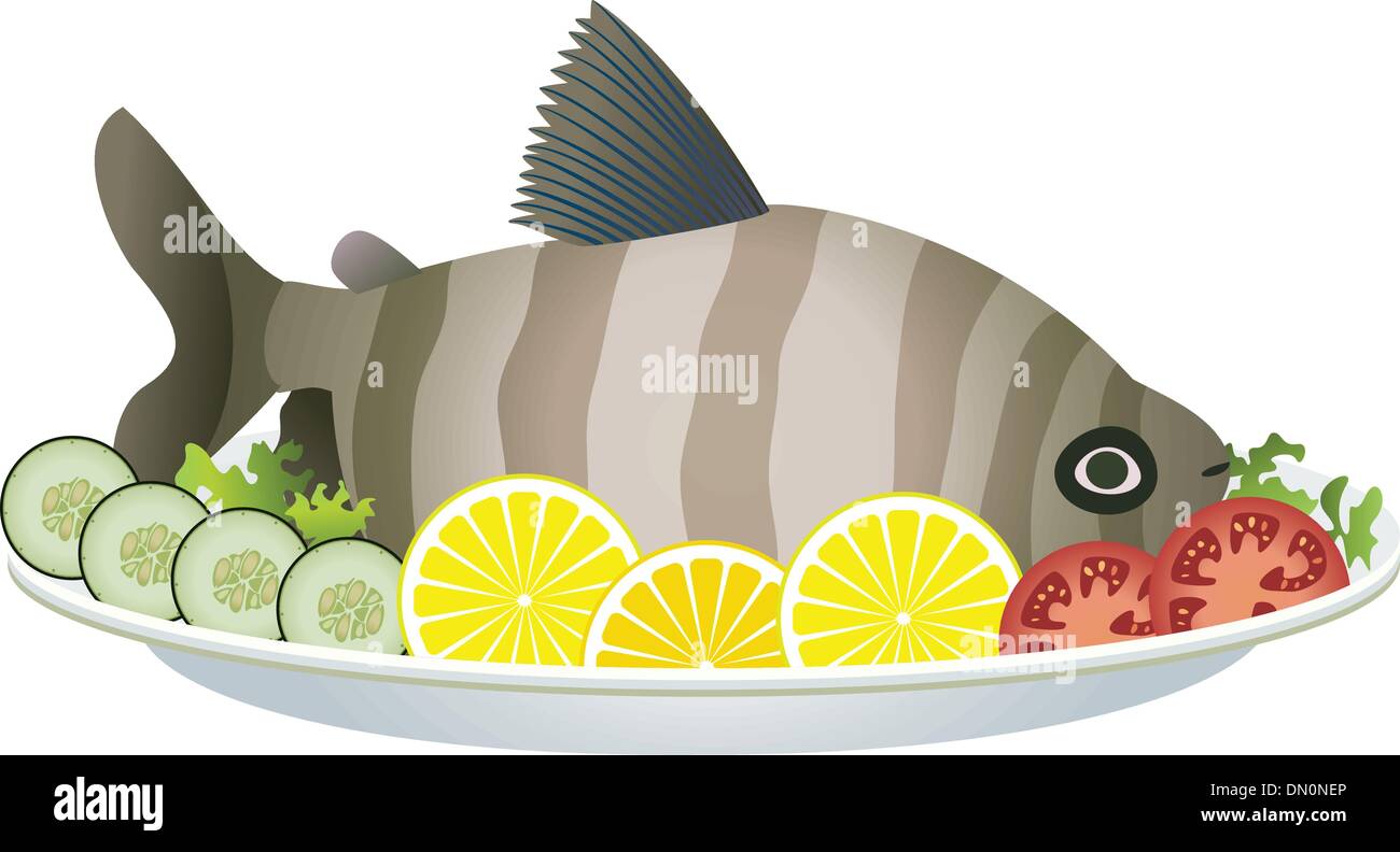 Vector le poisson et les légumes sur une plaque Illustration de Vecteur