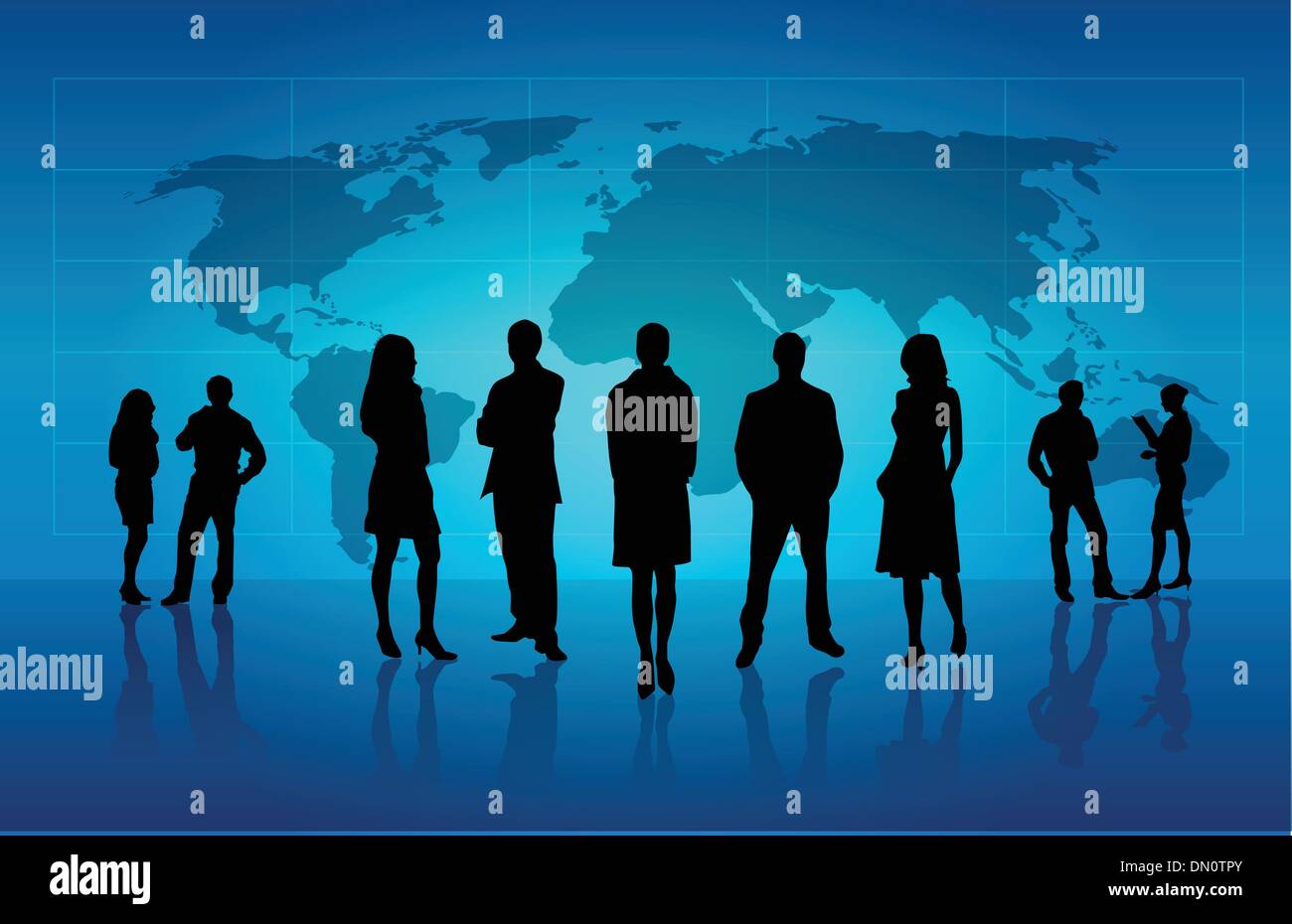 Silhouettes of people standing in front of world map Illustration de Vecteur Silhouettes of people standing in front of world map Illustration de Vecteur
