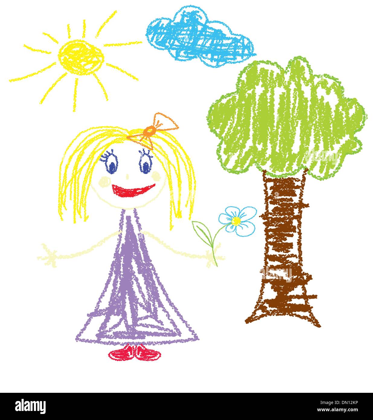 Peiné de Crayon petite fille avec une fleur Illustration de Vecteur