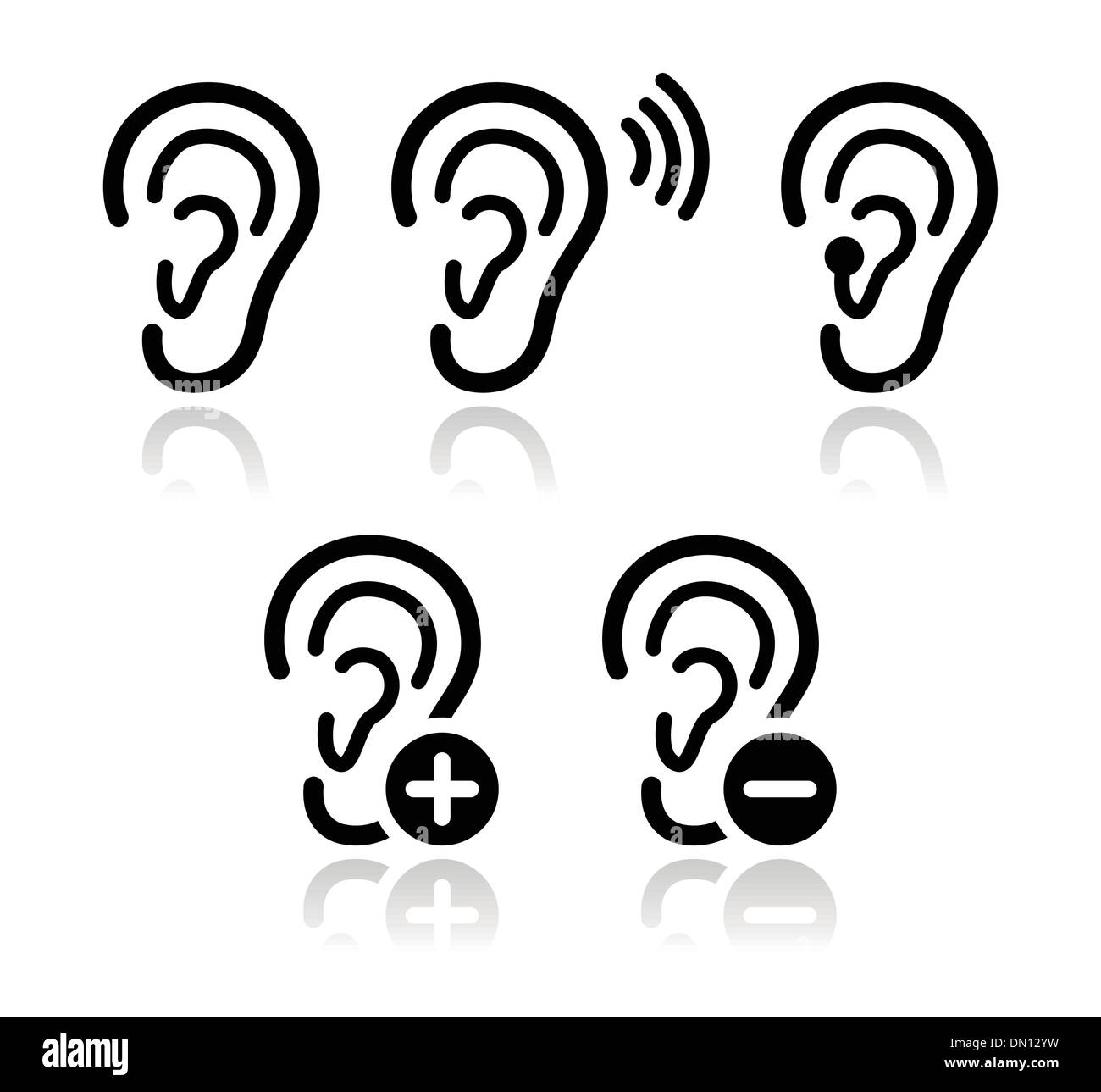 L'aide auditive de l'oreille problème sourds icons set Illustration de Vecteur