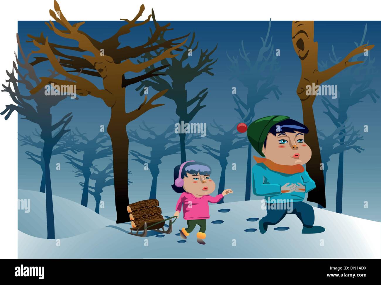 Deux enfants de marcher sur la forêt enneigée Illustration de Vecteur