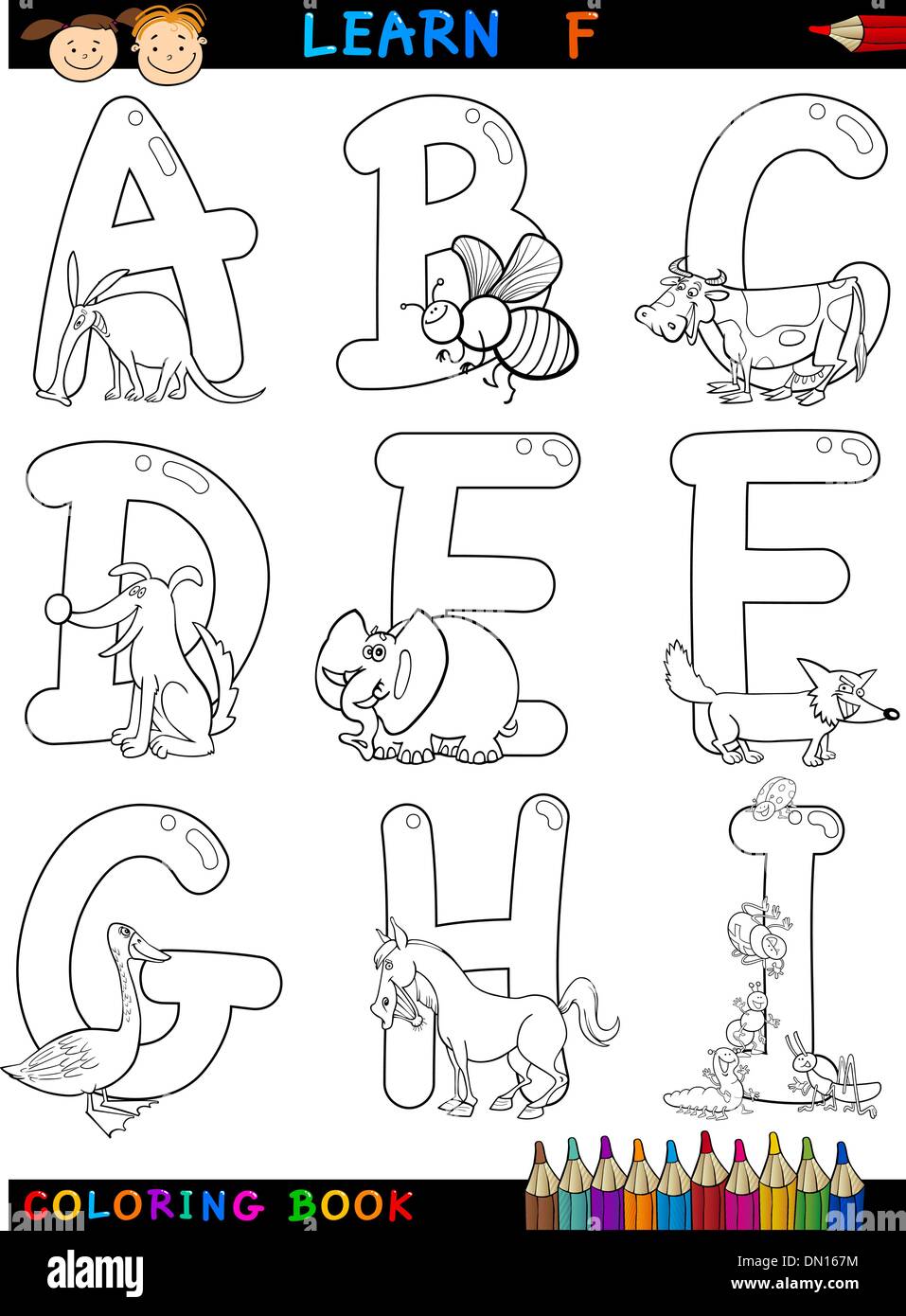 Alphabet Cartoon avec des animaux pour la coloration Illustration de Vecteur