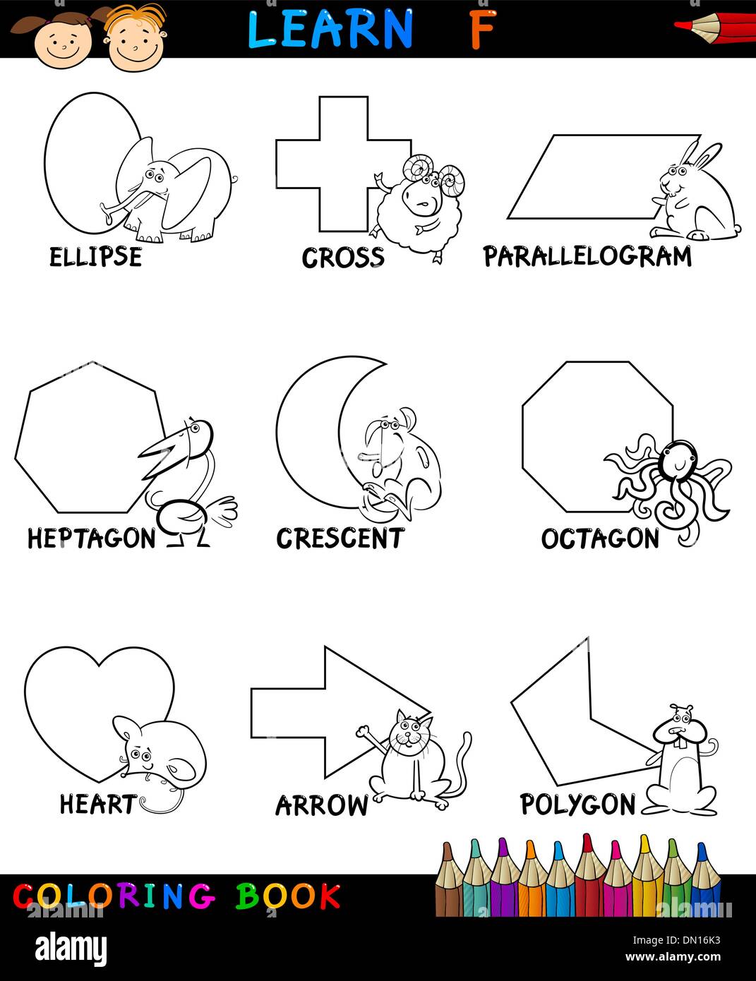 Formes de base avec des animaux pour la coloration Illustration de Vecteur