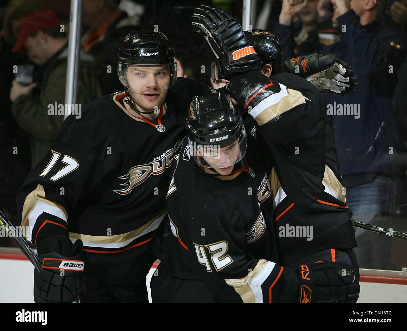 Anaheim Mighty Ducks' Teemu Selanne of Finland, left, celebrates his goal  against the Los Angeles Kings with teammates Andy McDonald (19) and Jeff  Cowan in the first period of an NHL hockey