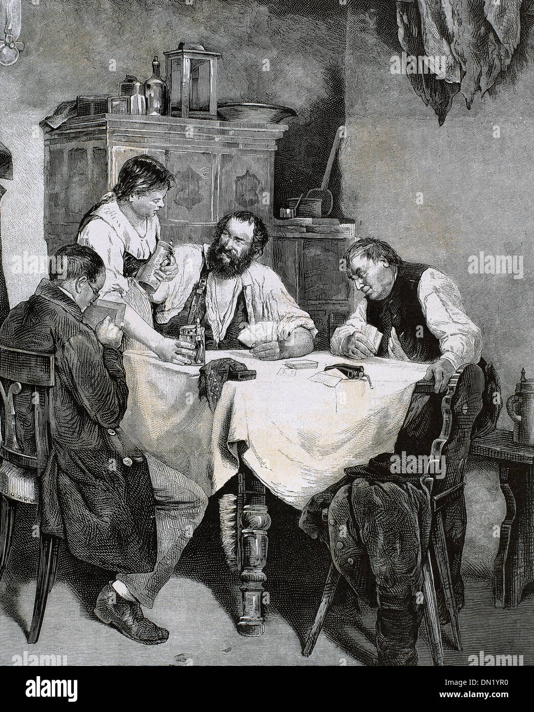 La société. Famille de cartes à jouer à la maison. Rulf gravure L., 1887 Banque D'Images