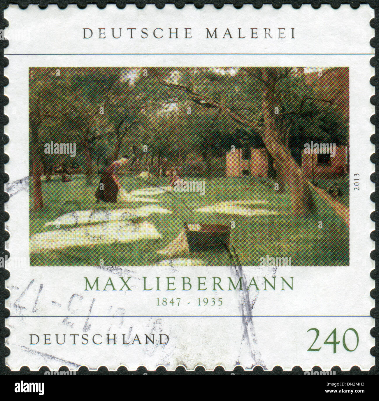Timbre-poste imprimé par l'Allemagne, montre une 'La terre de blanchiment", un peintre et graveur Germano, Max Liebermann Banque D'Images