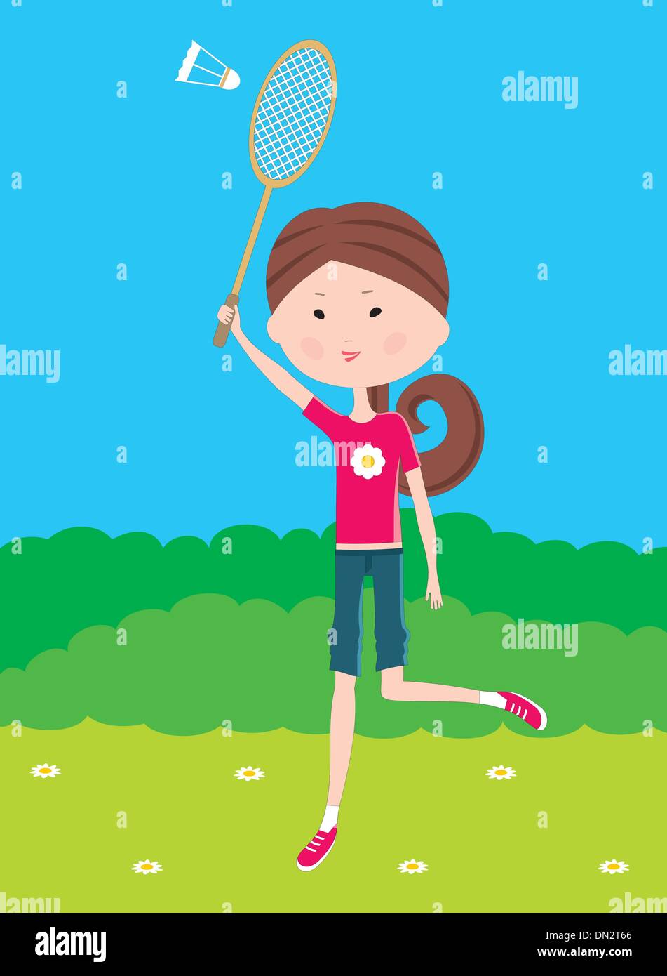 Cartoon fille joue au badminton Illustration de Vecteur