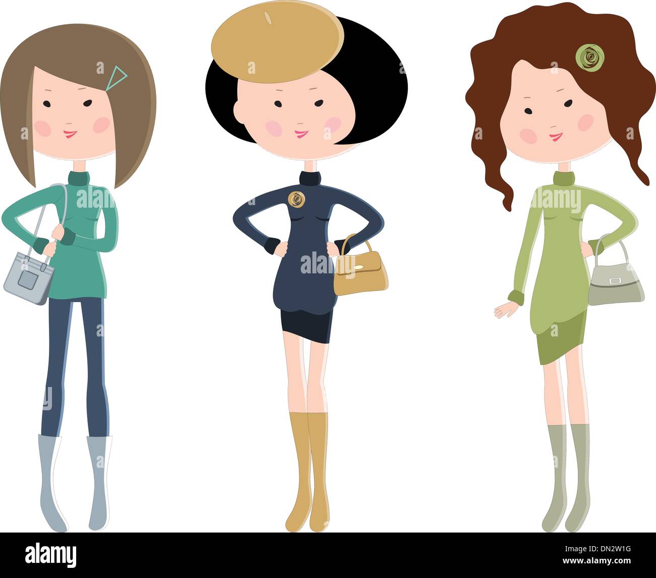 Trois jeunes femmes à la mode cartoon Illustration de Vecteur