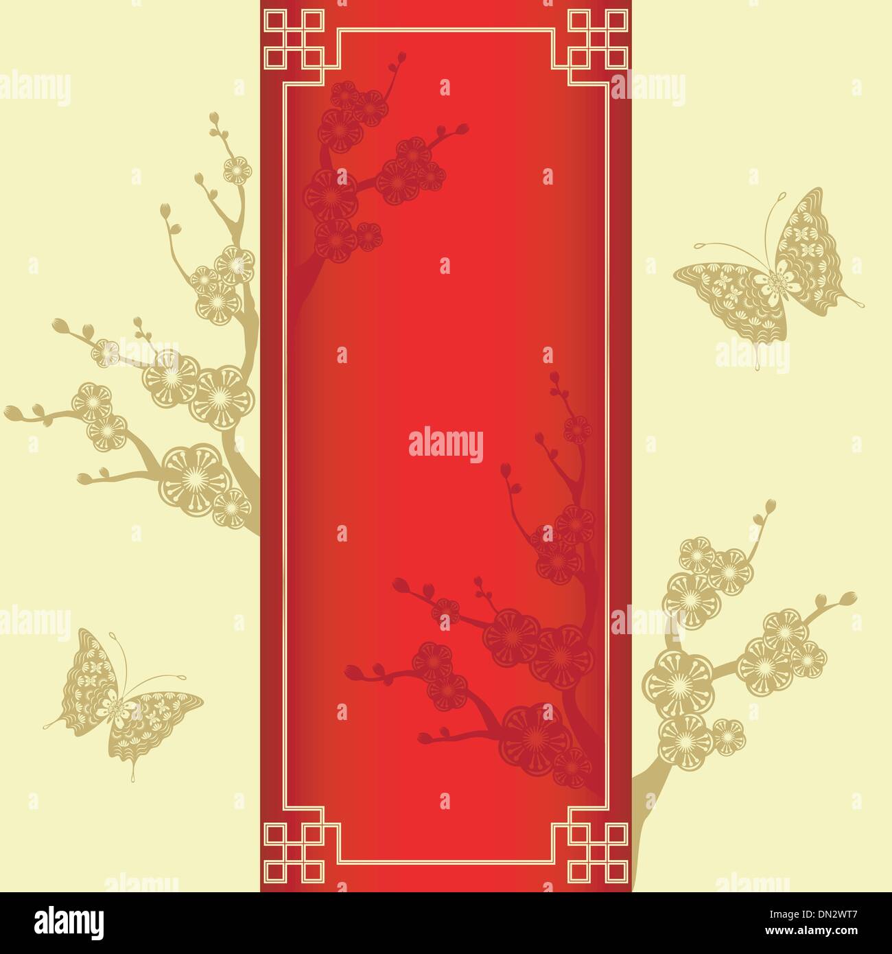 Fleur de cerisier de style oriental avec papillon Illustration de Vecteur