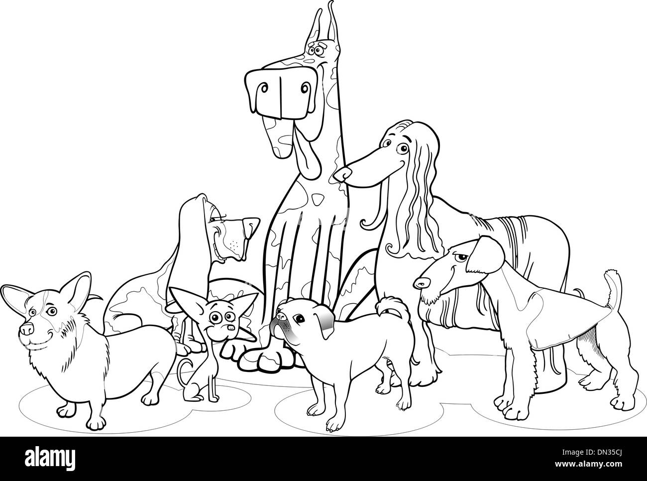 Les chiens de race pour colorier dessin animé de groupe Illustration de Vecteur