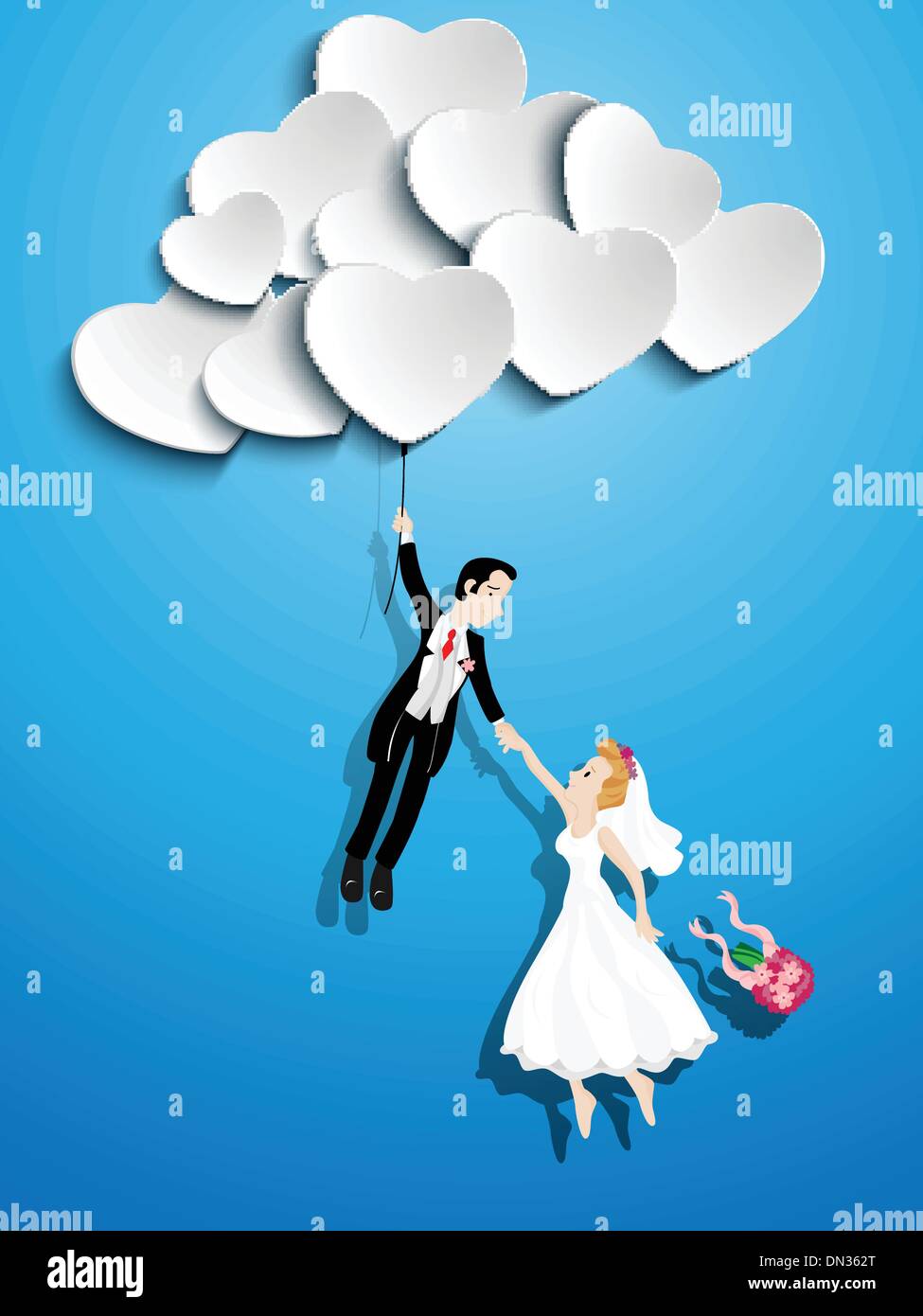 Couple marié à voler avec un ballon en forme de coeur Illustration de Vecteur