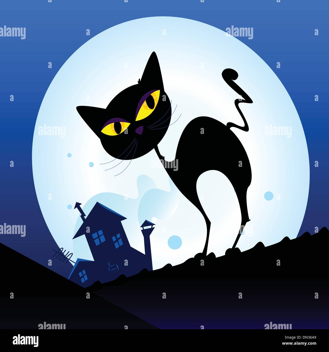 Black Cat silhouette en ville de nuit Illustration de Vecteur